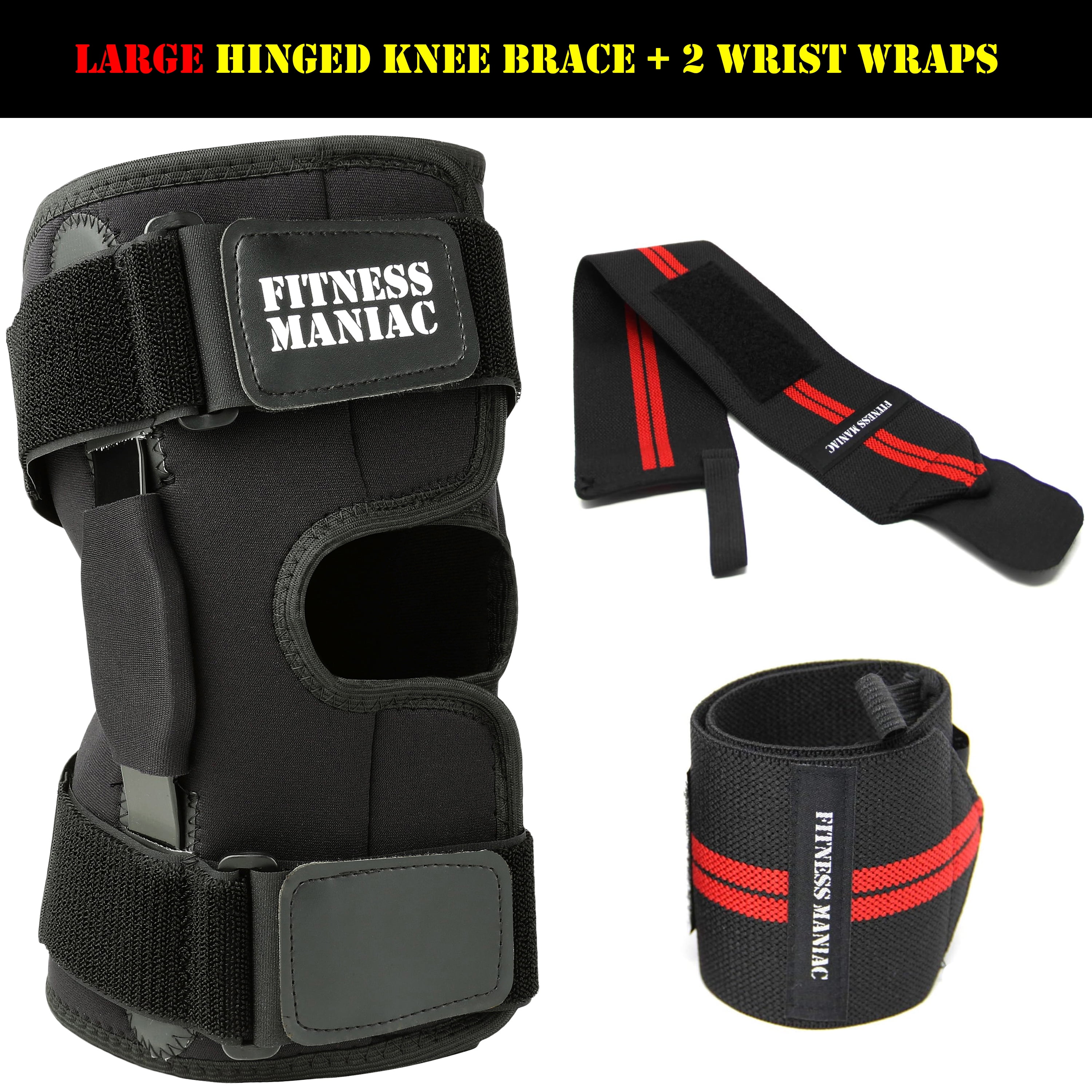 Hinged Knee Brace for Men Women Support Swollen ACL with Wrist Wraps Pair Black, Large
