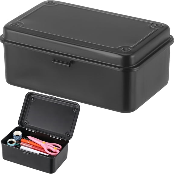 Hinged Lid Steel Storage Box, Metal Container for Scrapbook Stamps, Rectangular Empty Hinged Metal Tool Box, Storage Organizer for Pegs Pens Stationary Office Supplies, Black