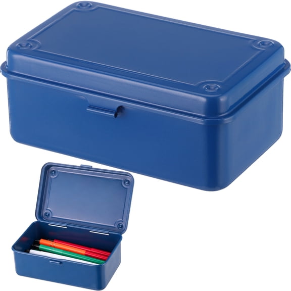 Hinged Lid Steel Storage Box, Metal Container for Scrapbook Stamps, Rectangular Empty Hinged Metal Tool Box, Storage Organizer for Pegs Pens Stationary Office Supplies, Blue