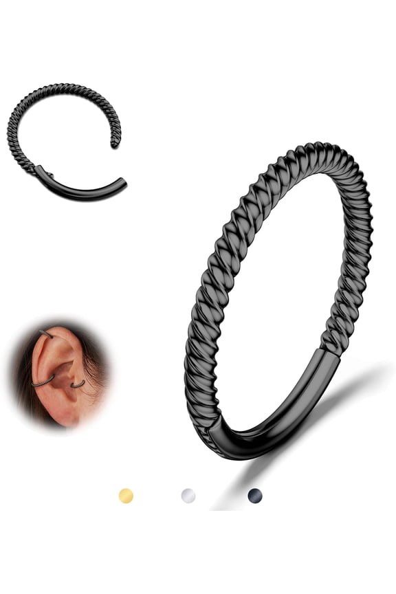 Hinged Nose Rings Hoops - 316L Surgical Steel Twisted Seamless Clicker Cartilage Earrings Septum Rings Jewelry Conch Piercing Tragus Rook Daith Helix for Women Gold/Black/Silver 16G/18G