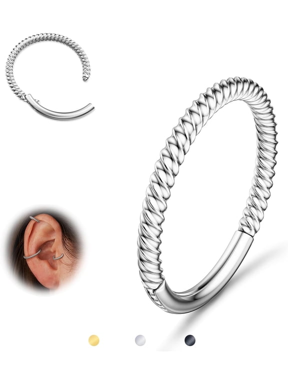 Hinged Nose Rings Hoops - 316L Surgical Steel Twisted Seamless Clicker Cartilage Earrings Septum Rings Jewelry Conch Piercing Tragus Rook Daith Helix for Women Gold/Black/Silver 16G/18G