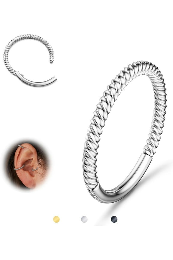 Hinged Nose Rings Hoops - 316L Surgical Steel Twisted Seamless Clicker Cartilage Earrings Septum Rings Jewelry Conch Piercing Tragus Rook Daith Helix for Women Gold/Black/Silver 16G/18G