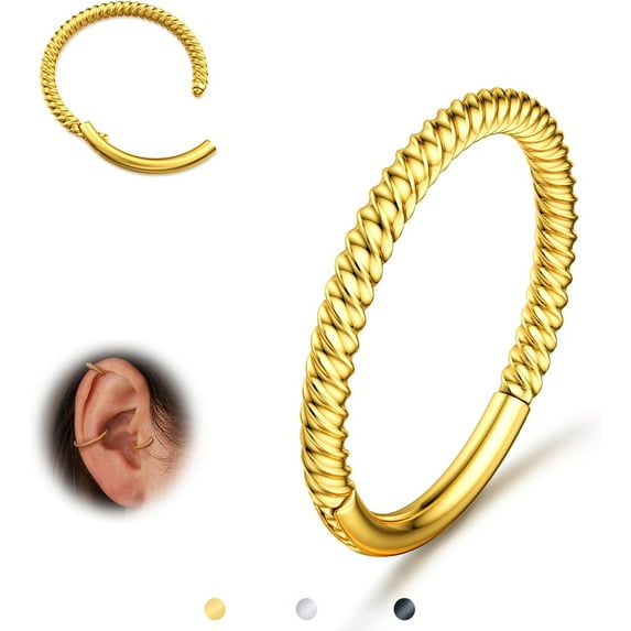 Hinged Nose Rings Hoops - 316L Surgical Steel Twisted Seamless Clicker Cartilage Earrings Septum Rings Jewelry Conch Piercing Tragus Rook Daith Helix for Women Gold/Black/Silver 16G/18G