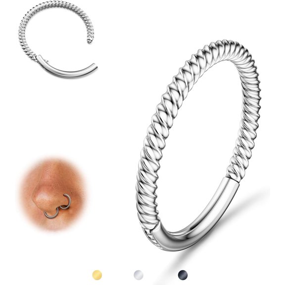 Hinged Nose Rings Hoops - 316L Surgical Steel Twisted Seamless Clicker Cartilage Earrings Septum Rings Jewelry Conch Piercing Tragus Rook Daith Helix for Women Gold/Black/Silver 16G/18G
