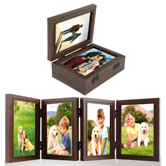Hinged Picture Frames 4x6 inch Foldable Photo Frame with High Definition Glass 4 Opening Photo Frame Black/Coffee Color Picture Frames for Desktop Birthday Gifts
