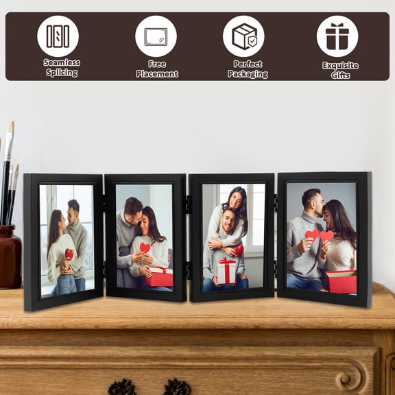 Hinged Picture Frames 4x6 inch Foldable Photo Frame with High Definition Glass 4 Opening Photo Frame Black/Coffee Color Picture Frames for Desktop Birthday Gifts