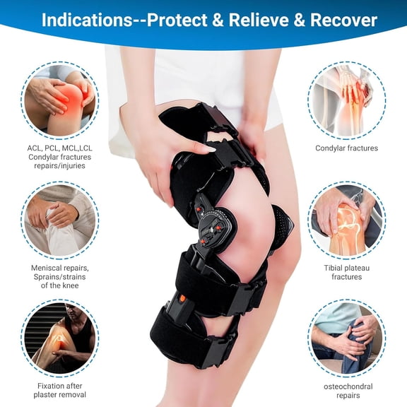 Hinged ROM Knee Brace, Unloader Knee Brace, Knee Immobilizer Brace, ACL, MCL and PCL Injury, Adjustable Orthopedic Support Stabilizer After Surgery, Women and Men - Multi-Angle Adjustment