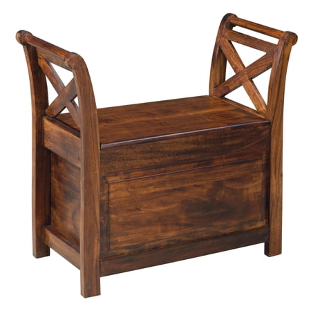 Hinged Seat Storage Wooden Bench with X Braces, Brown