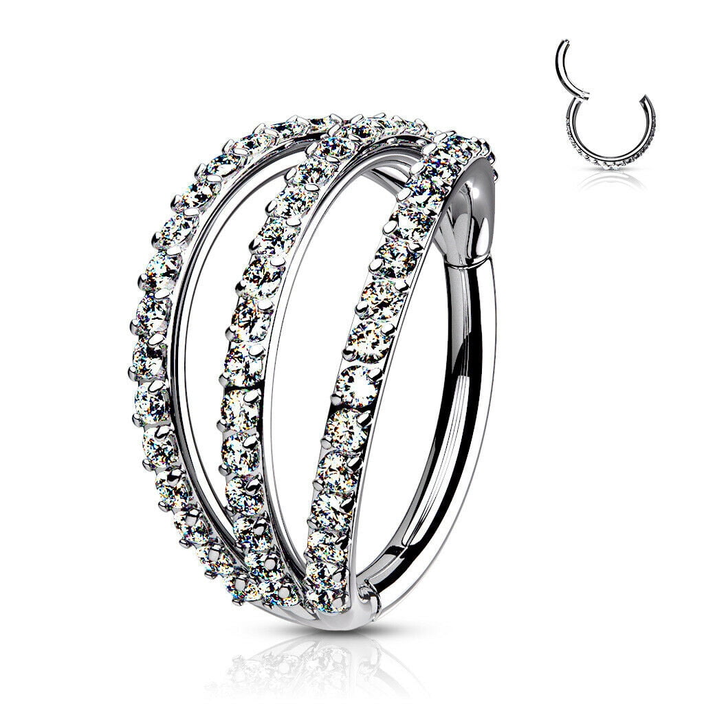 Hoop Style Rings Hinged Segment Hoop Rings with Triple Layer Paved CZ Surgical Steel ...