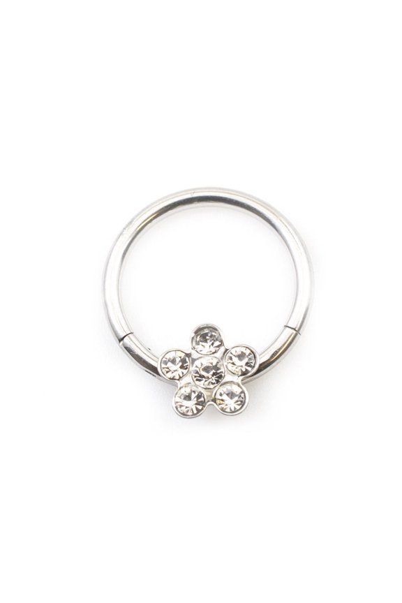 Hinged Stainless Steel Segment Hoop Ring with Flower Design and Cubic Zirconia G