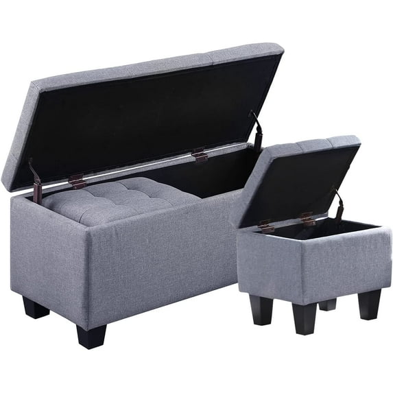 Hinged Storage Ottoman Set of 3, 38'' Living Room Storage with Thick Seating, 2pcs Small Square Dorm Stool Couch Side Foot Rest