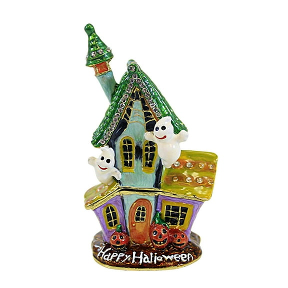 Kubla Craft Haunted House Enameled Box - One Bejeweled Trinket Box 3.5 Inch, Metal - Ghost Pumpkins 3303B