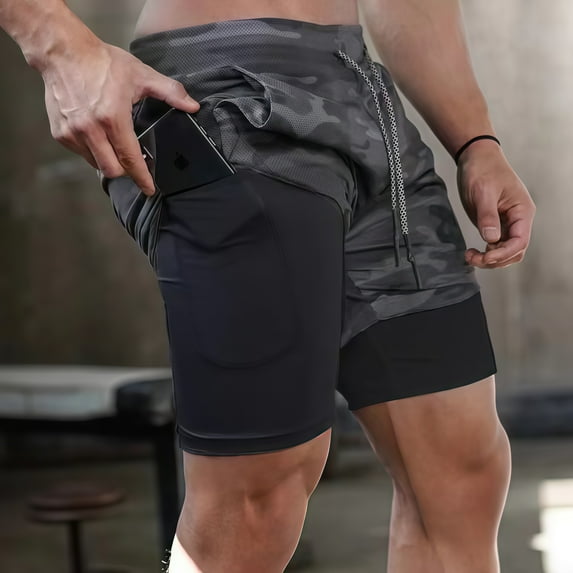 Hingswink Men’s 2 in 1 Running Shorts Quick Dry Gym Athletic Workout Shorts for Men with Phone Pockets(Camouflage gray M)