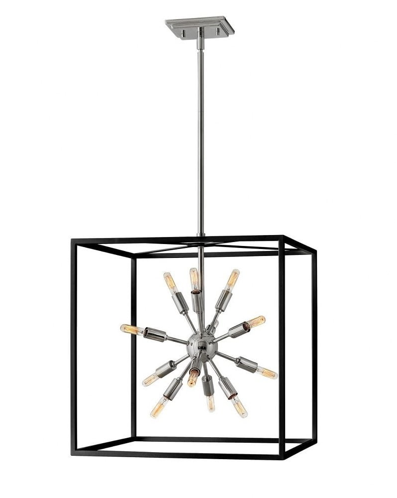 Aros 12-Light Black and Polished Nickel Cage Chandelier