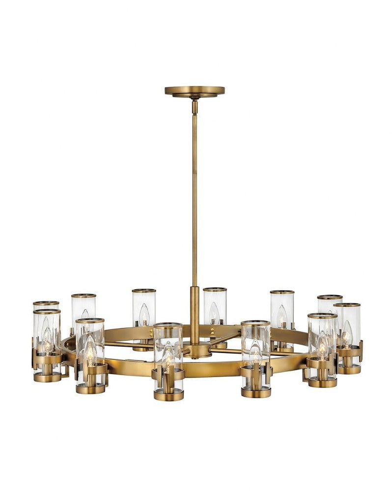 Reeve Heritage Brass 12-Light Wagon Wheel Chandelier with Clear Glass Cylinders