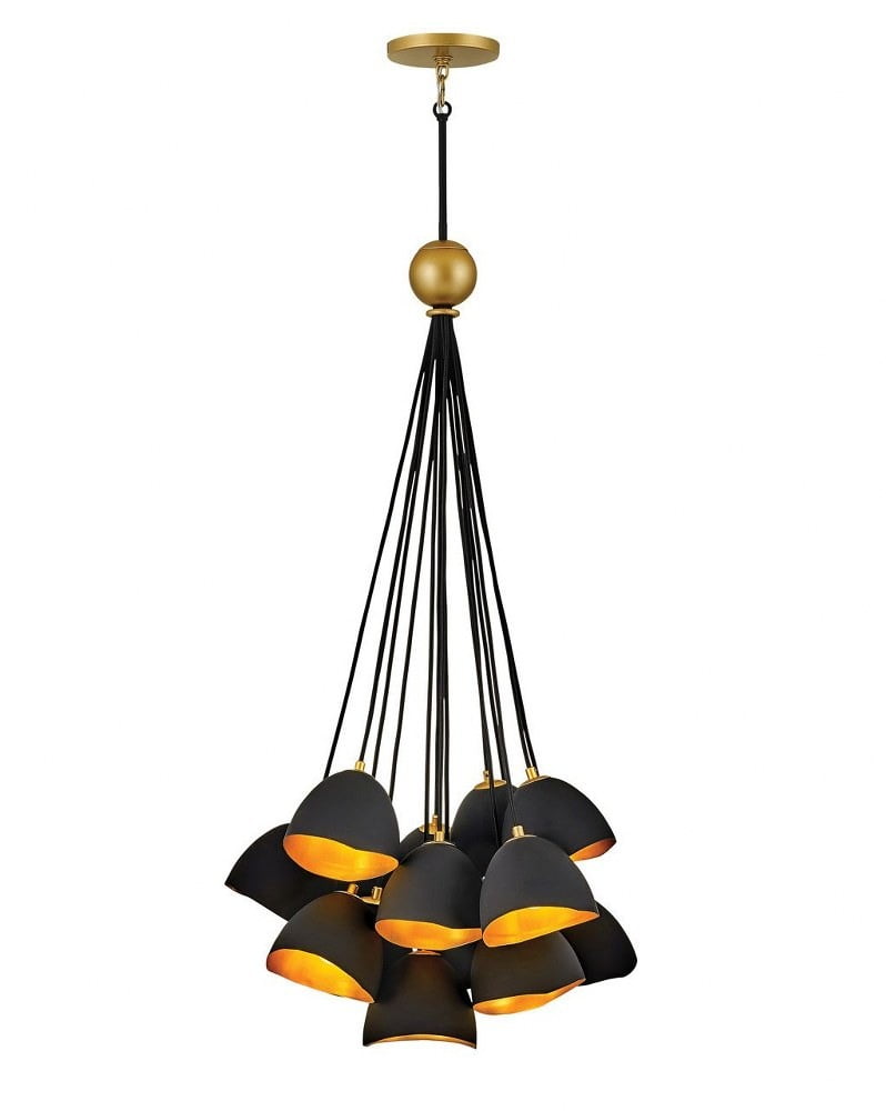 Nula 15-Light Shell Black and Gold Leaf Cluster Pendant