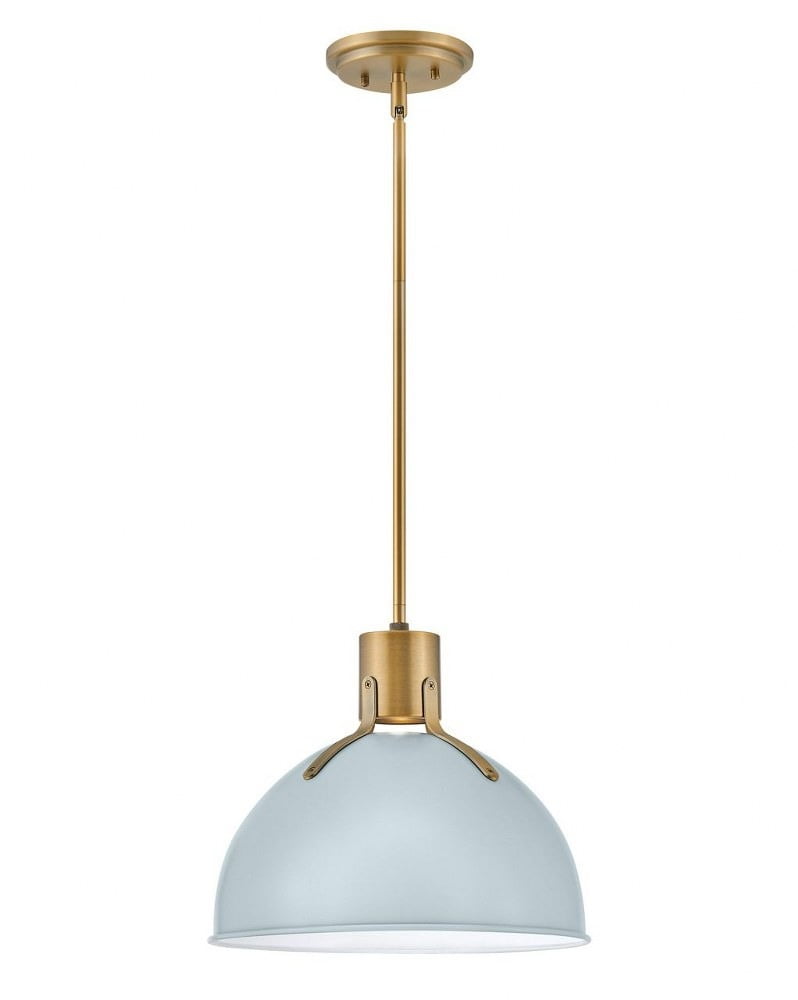 Contemporary Pale Blue Glass Bowl Pendant with Brass Accents