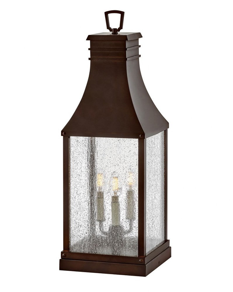 Blackened Copper LED Outdoor Pier Mount Lantern with Seeded Glass