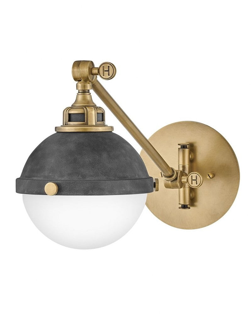 Aged Zinc and Brass Adjustable Wall Sconce with Etched Opal Glass