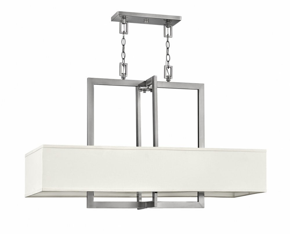 Elegant Antique Nickel 4-Light Linear Chandelier with Off-White Linen Shade