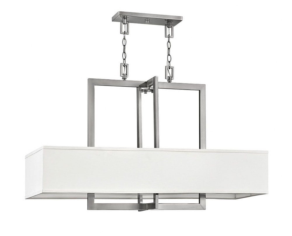 Elegant Antique Nickel 4-Light Linear Chandelier with Off-White Linen Shade