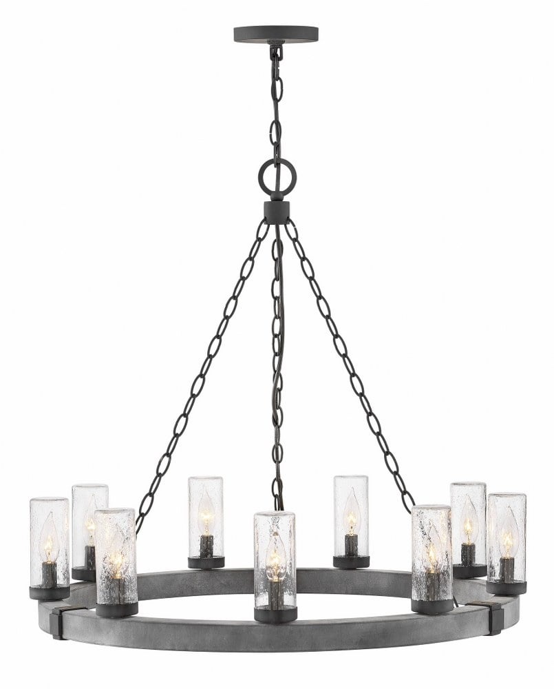 Rustic Aged Zinc 9-Light LED Outdoor Chandelier with Clear Seedy Glass