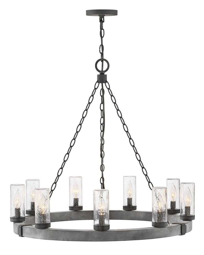 Rustic Aged Zinc 9-Light LED Outdoor Chandelier with Clear Seedy Glass
