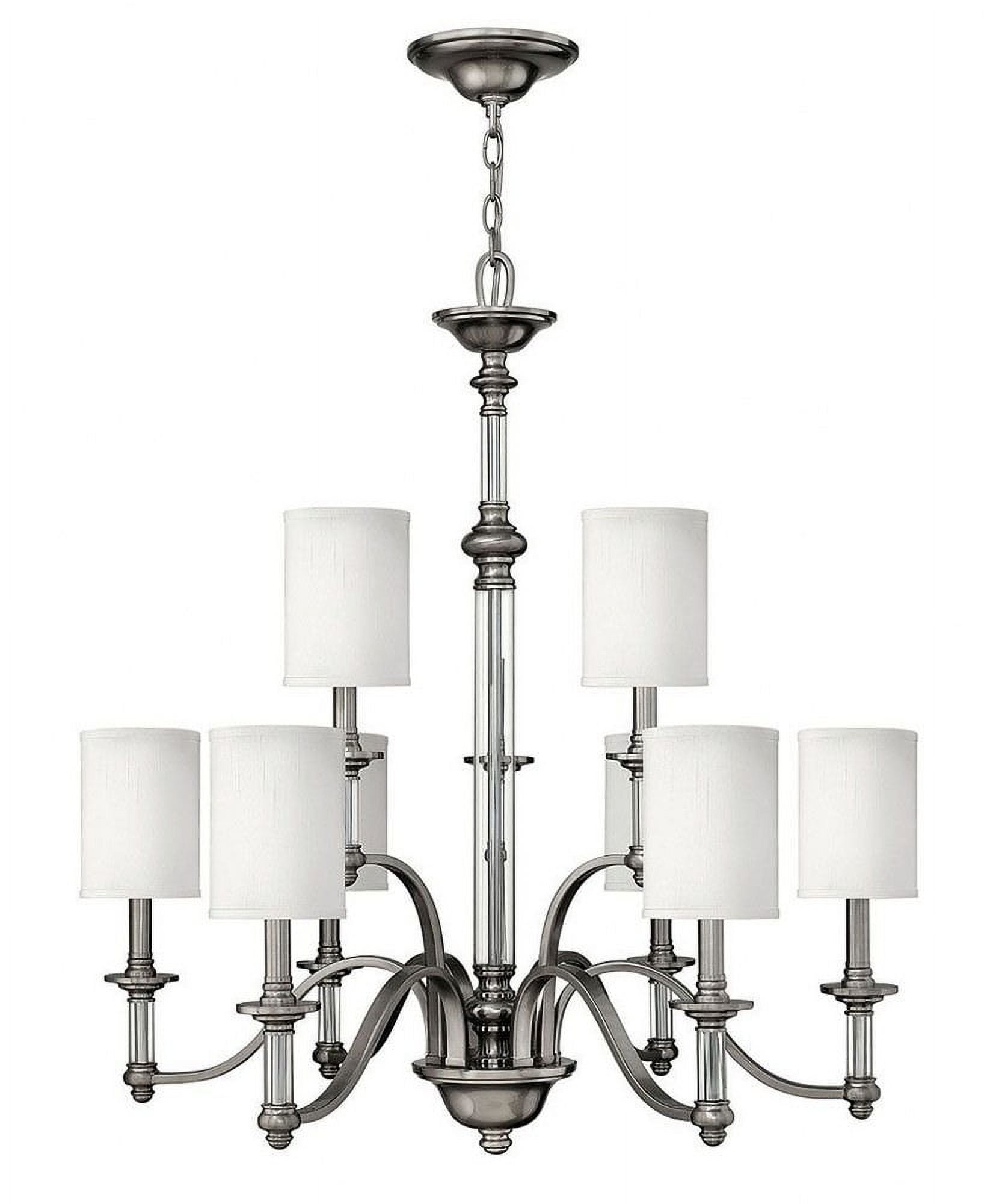 Sussex Elegance 9-Light Chandelier with White Fabric Shades and Brushed Nickel Finish