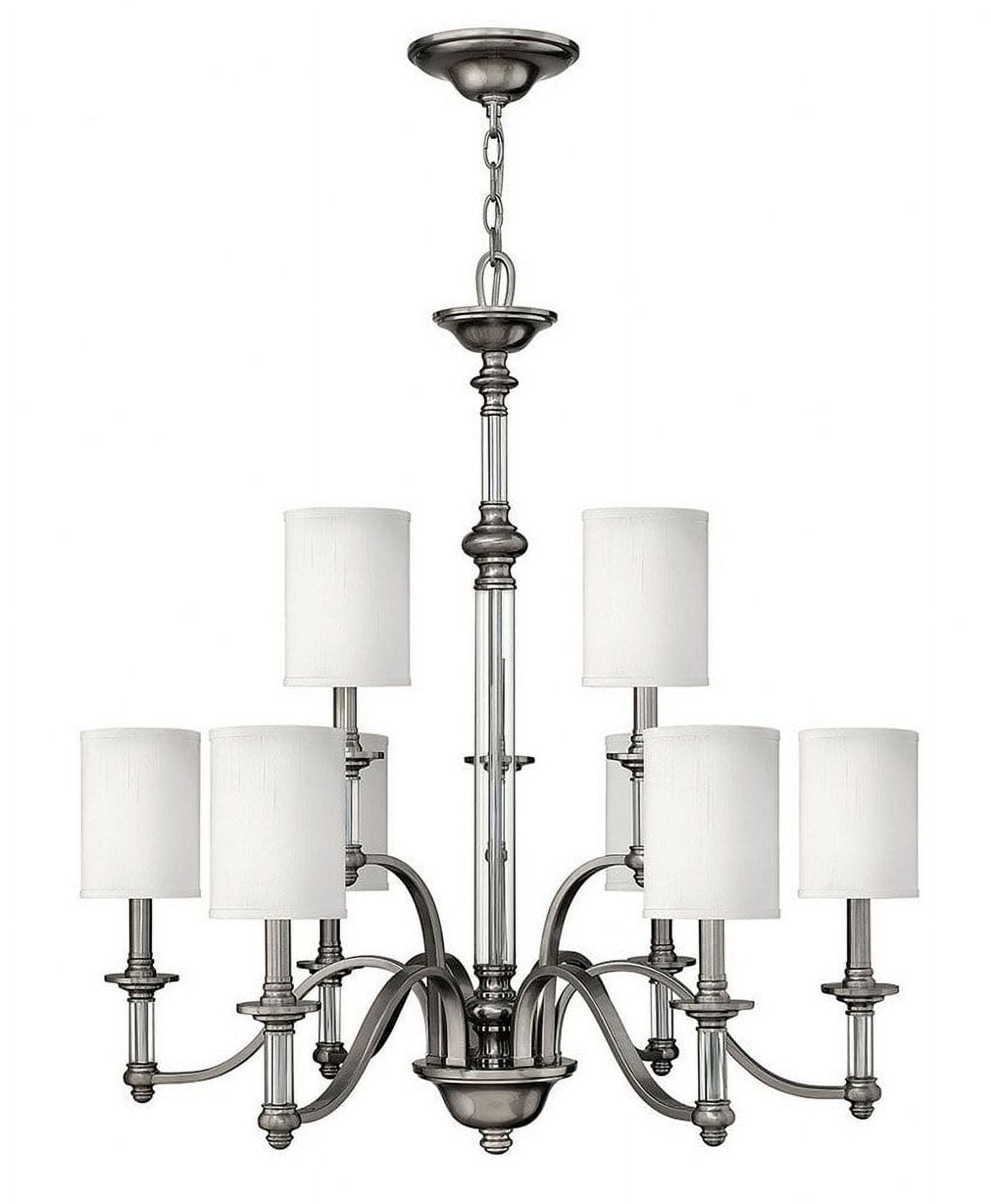 Sussex Elegance 9-Light Chandelier with White Fabric Shades and Brushed Nickel Finish