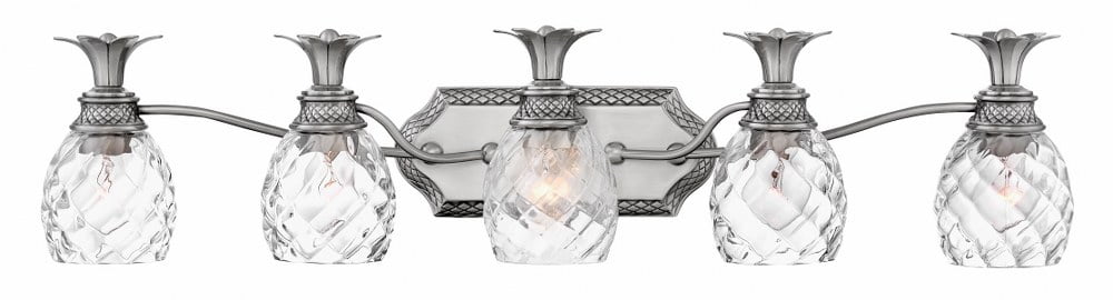 Elegant Polished Antique Nickel 5-Light Outdoor Bath Vanity with Clear Optic Glass
