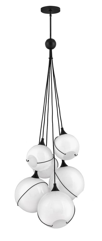 Skye Mid-Century Modern Asymmetrical 6-Light Black Chandelier with Opal Glass Globes