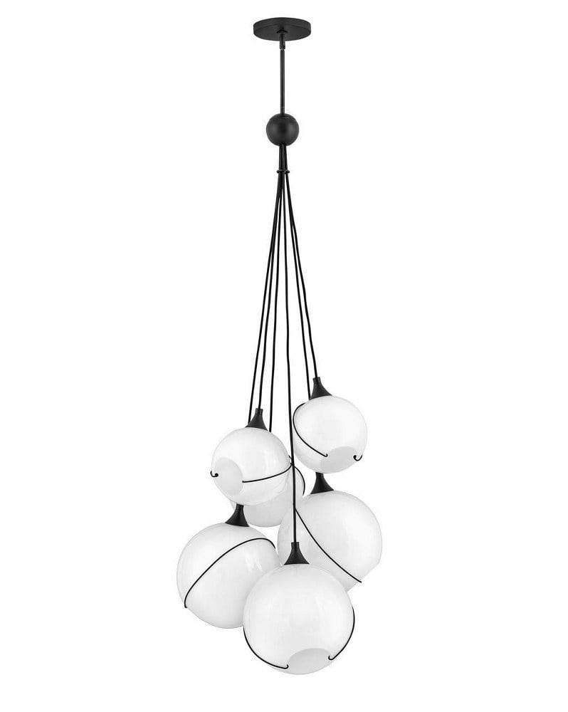 Skye Mid-Century Modern Asymmetrical 6-Light Black Chandelier with Opal Glass Globes