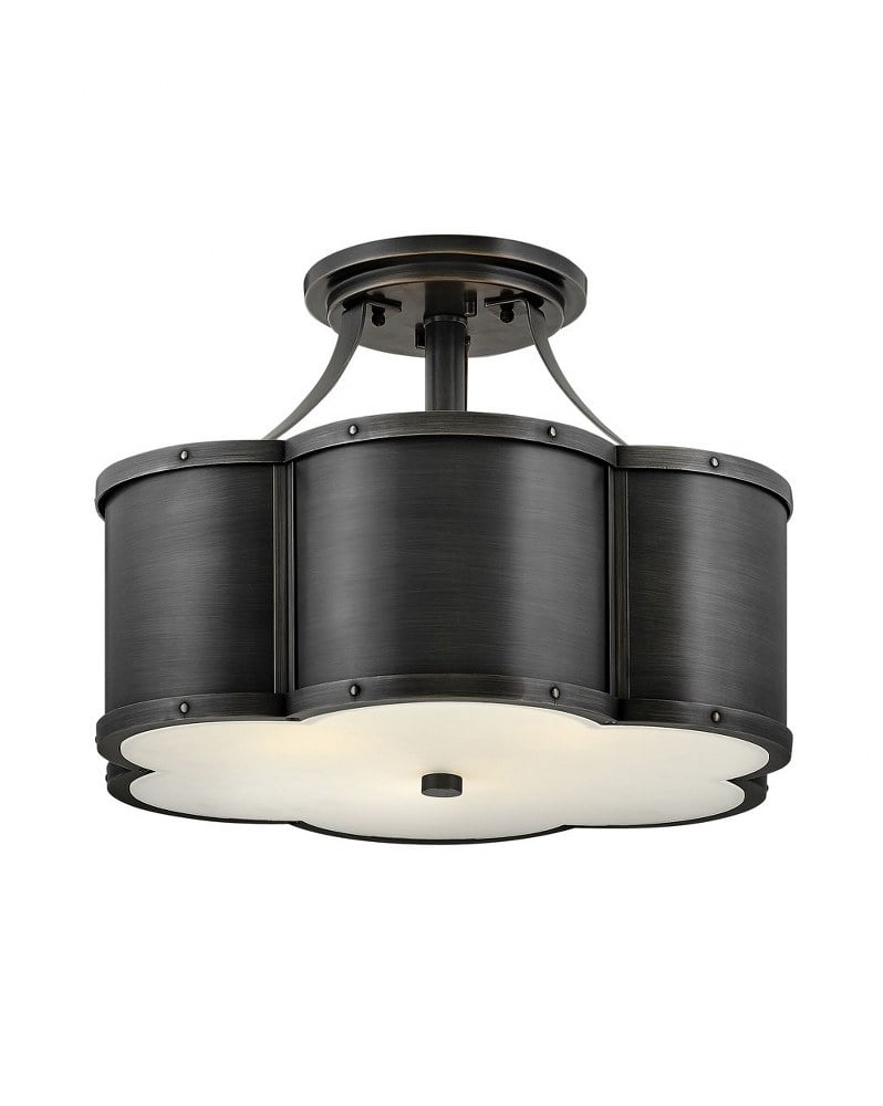 Elegant Blackened Brass 3-Light Drum Semi-Flush Mount with Etched Glass
