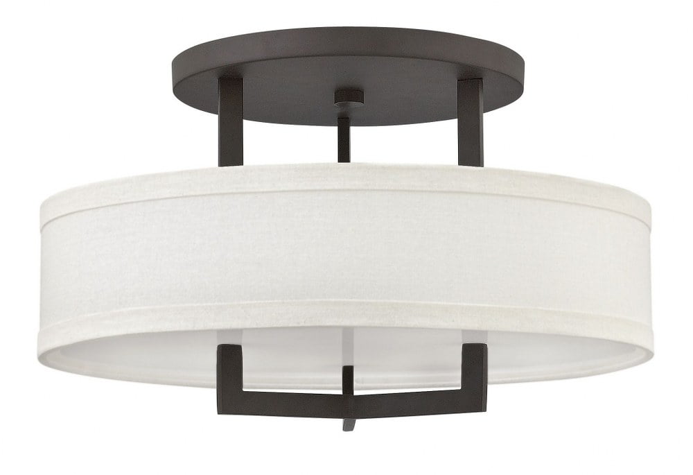 Hampton 20" Antique Nickel 3-Light Transitional Semi-Flush Mount with Off-White Linen Shade
