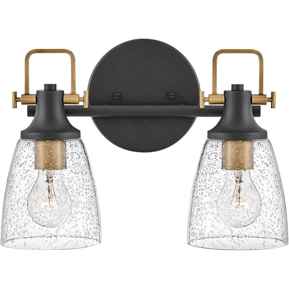 Hinkley Two Light Bath Vanity Fixture - Modern Industrial, Clear Seedy Glass Shade, Mounts Up or Down - Black + Heritage Brass