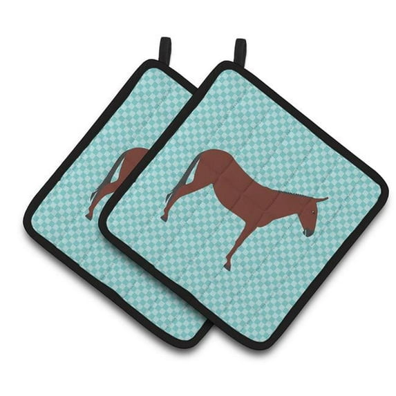 Hinny Horse Donkey Blue Check Pair of Pot Holders - Blue