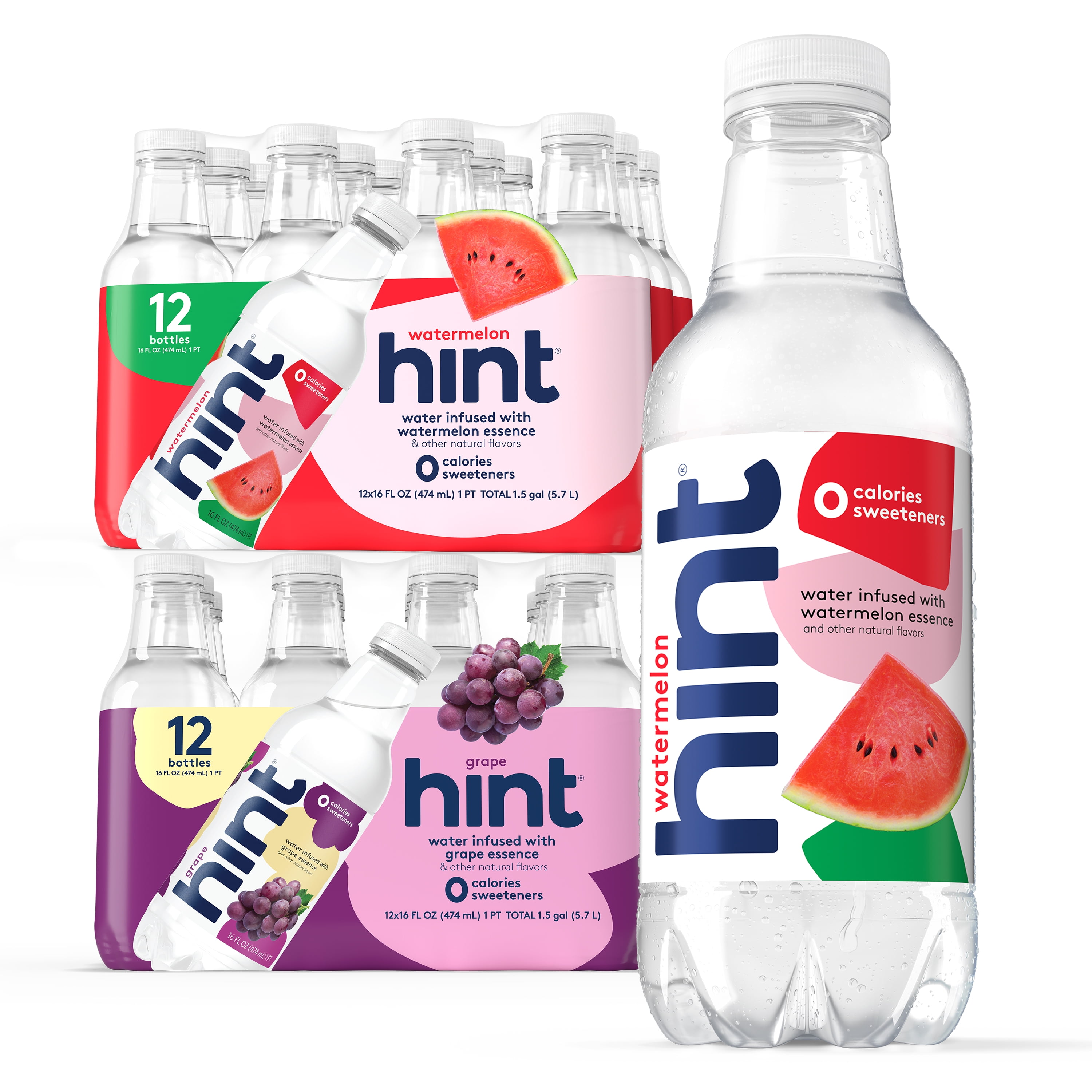 Hint Bottled Water, 2-Flavor Grape & Watermelon Pack - Purified Water Beverages with Zero Calories, Natural Flavors, and Sugar Free - 16 Fl Oz (Pack of 24)