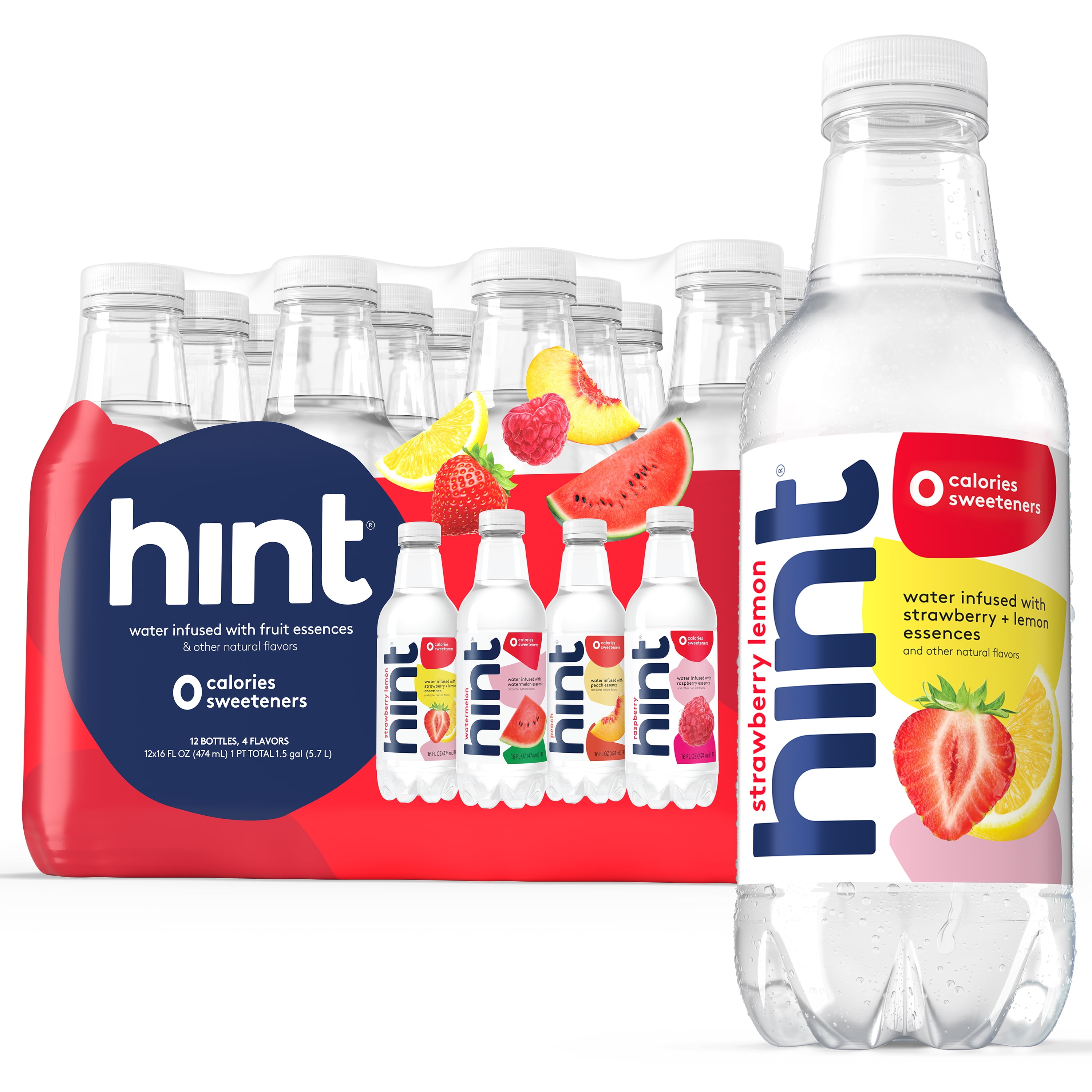 Hint Water Low Calorie Flavored Beverages, Raspberry, Strawberry Lemon, Watermelon, Peach, 16 fl oz, 12 Count