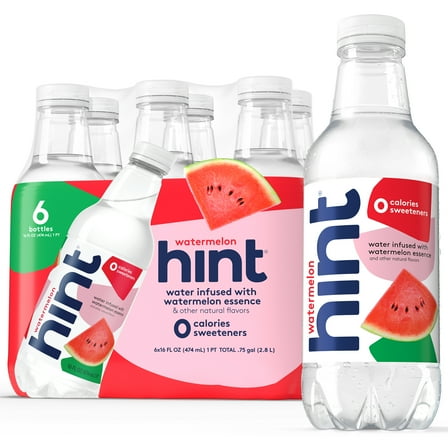 Hint Watermelon Flavored Water, 16 fl oz, 6 Pack Plastic Bottles
