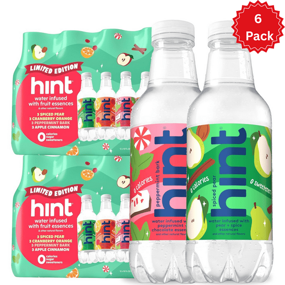 Hint Fruit-Infused Bottled Water, Winter Variety Pack - Sugar Free Flavored Water with Zero Calories, Naturally Flavored, and No Artificial Sweeteners - 16 Fl Oz (Pack of 6)