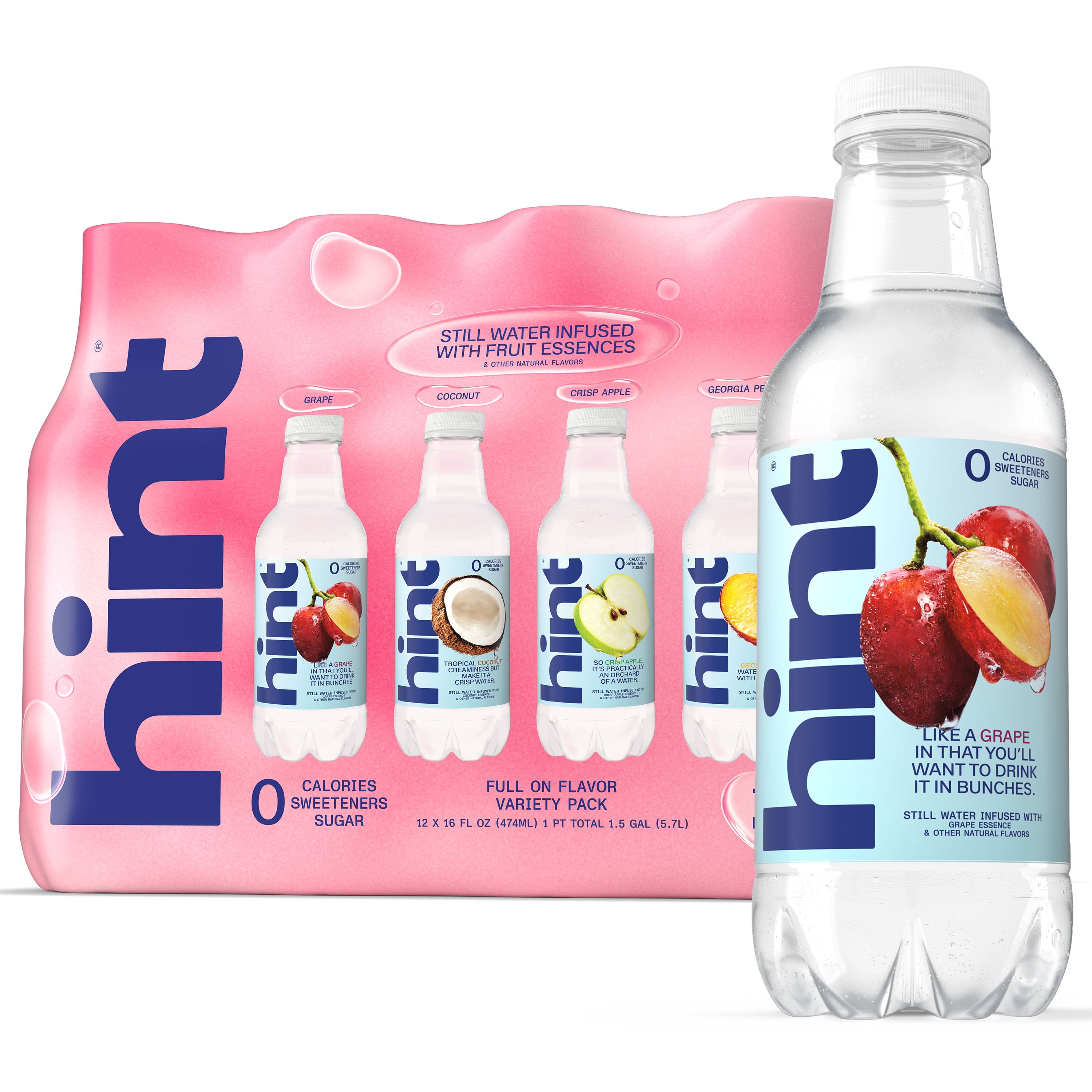 Hint Full on Flavor 4-Flavor Variety Pack Flavored Water V2, 16 fl oz, 12 Pack Plastic Bottles