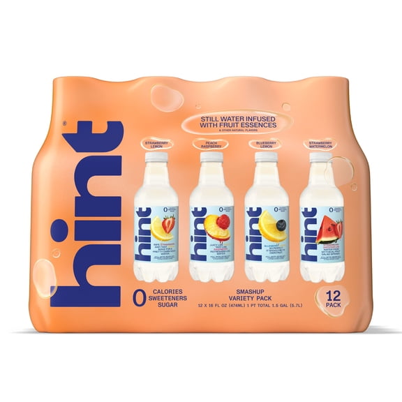 Hint Smash-Up 4-Flavor Variety Pack Flavored Water V2, 16 fl oz, 12 Pack Plastic Bottles