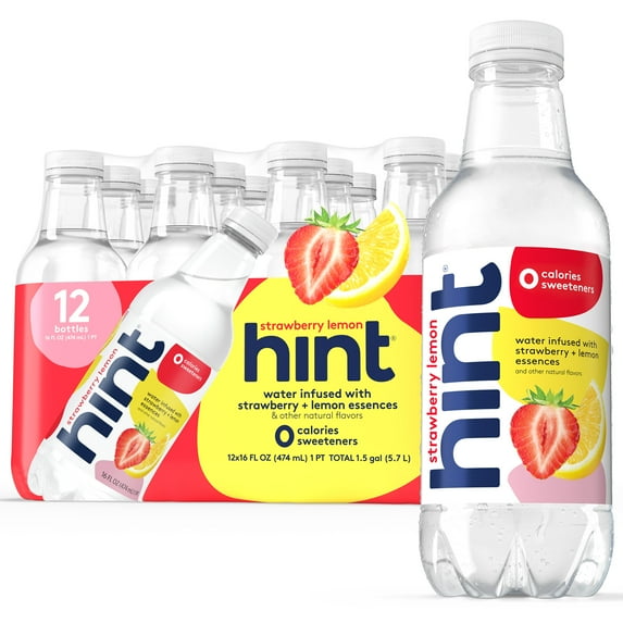 Hint Strawberry Lemon Flavored Water, 16 fl oz, 12 Pack Plastic Bottles