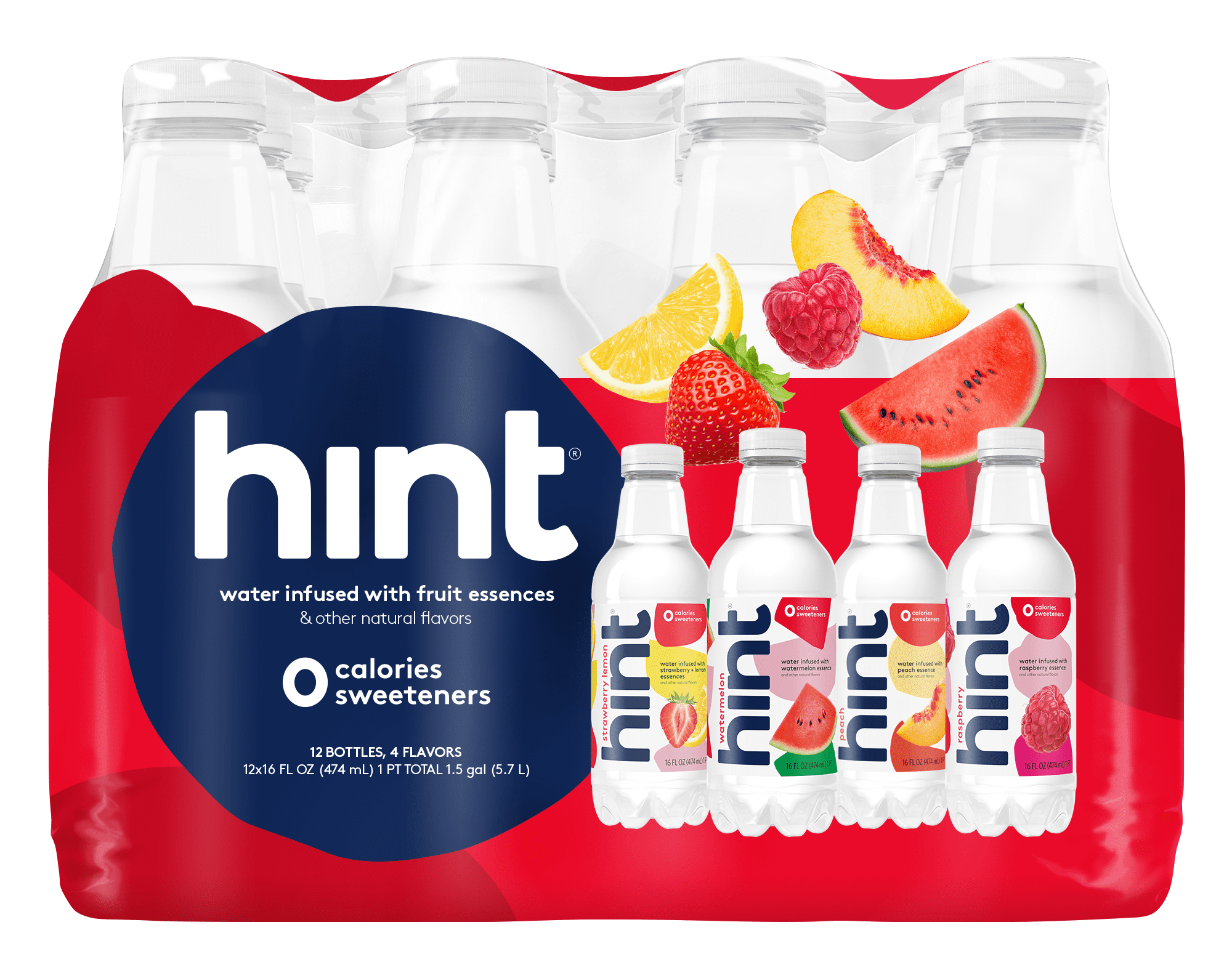 Hint Water Red Variety Pack, Raspberry, Lemon, Watermelon, Peach, 16 fl