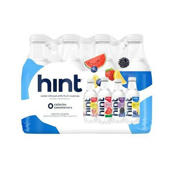 Hint Water White Variety Pack (Pack of 12), 3 Bottles Each of: Watermelon, Blackberry, Blueberry Lemon, and Strawberry Lemon. Flavored Water With Zero Calories, Zero Sugar, and Zero Sweeteners