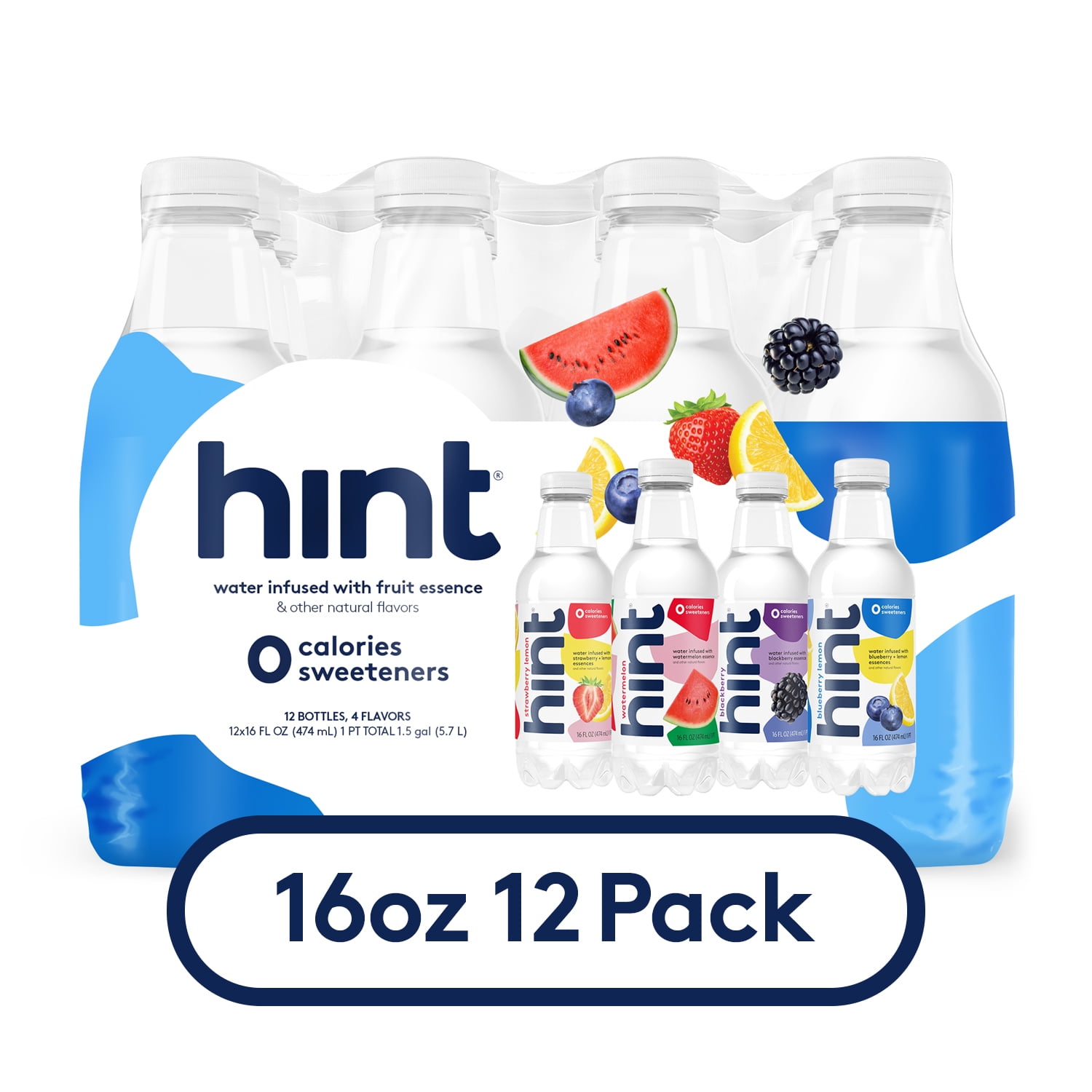 Hint Water White Variety Pack Watermelon, Blackberry, Blueberry Lemon and Strawberry Lemon, 16