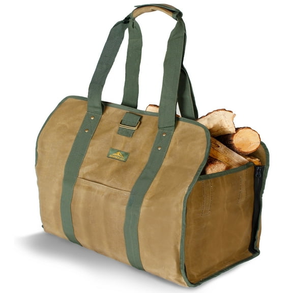 HinterHill 2-in-1 Firewood Carrier Bag. Adjustable Canvas Bag with Zip-Down Sides for Fireplace Wood
