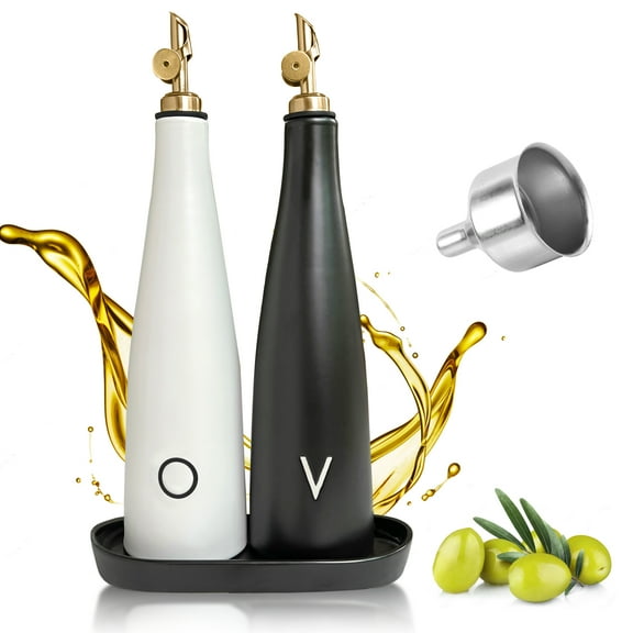 HinterHill Ceramic Olive Oil and Vinegar Dispenser Cruet Set and Tray with Gold Spout. A Great Birthday or Housewarming Gift!