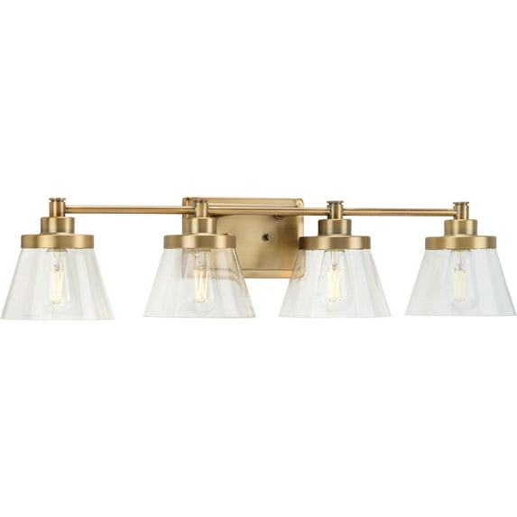 Hinton Collection Four-Light Vintage Brass Clear Seeded Glass Farmhouse Bath Vanity Light