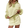 thumbnail image 1 of Hinvhai 2 Piece Sets for Women Striped V Neck Shirt and Drawstring Skirt Set Travel Outfits Tracksuit Green XL(XL), 1 of 5